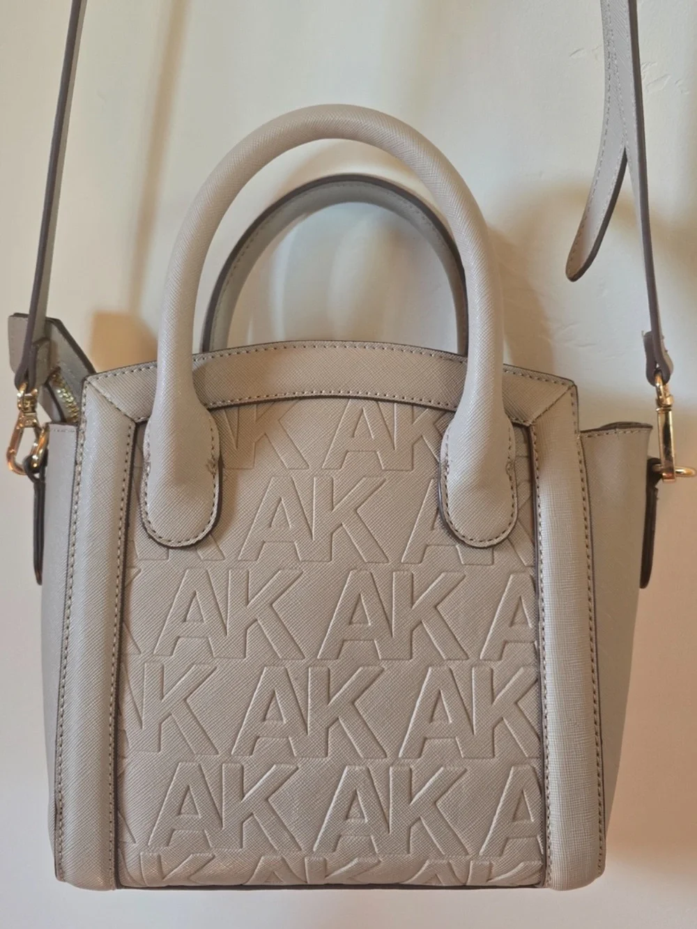 Anne Klein Light Tan Logo-Embossed Satchel with Gold Hardware